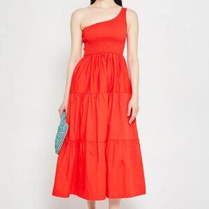 O.P.T. Milada Orange Red One Shoulder Smocked Midi Dress M